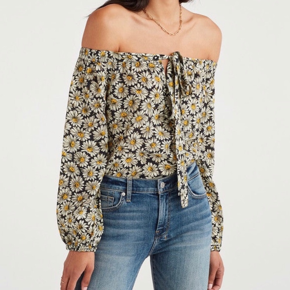 7 For All Mankind Black Daisy Off-Shoulder Blouse